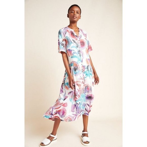 Floral Button Front Anthropologie Tugboat Printshop Flounce Midi Dress (NWT) - Picture 1 of 4